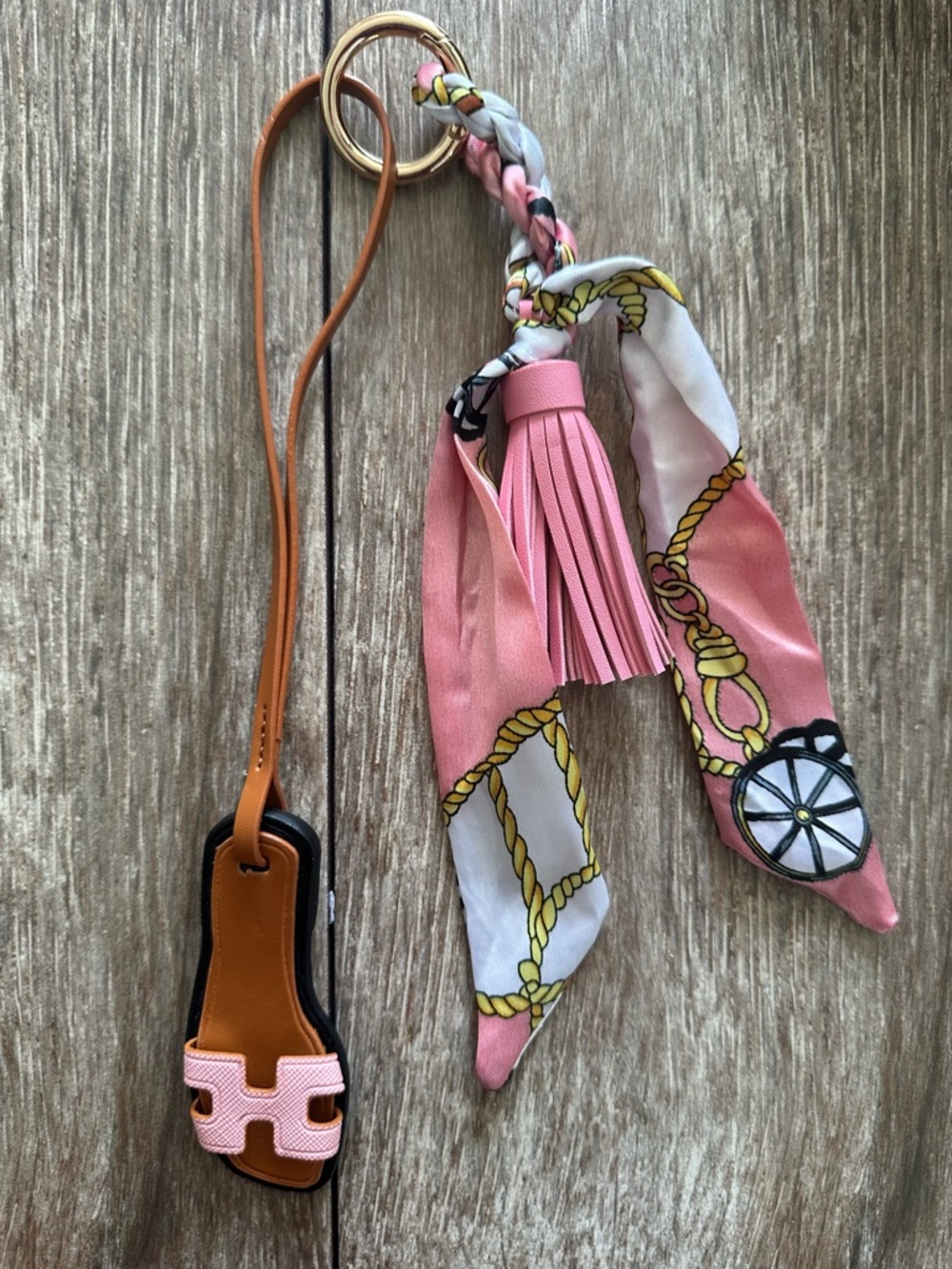 Pink Scarf Tassel Bag charm/ Keychain with Tan Leather Sandal Charm